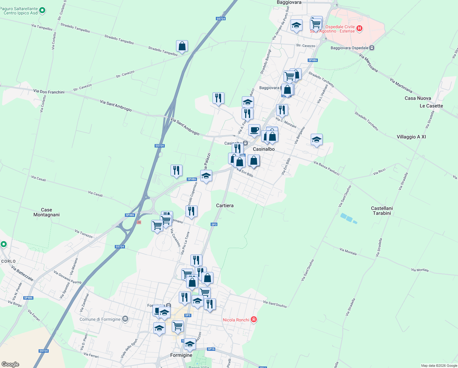 map of restaurants, bars, coffee shops, grocery stores, and more near Via Giardini Nord in Formigine