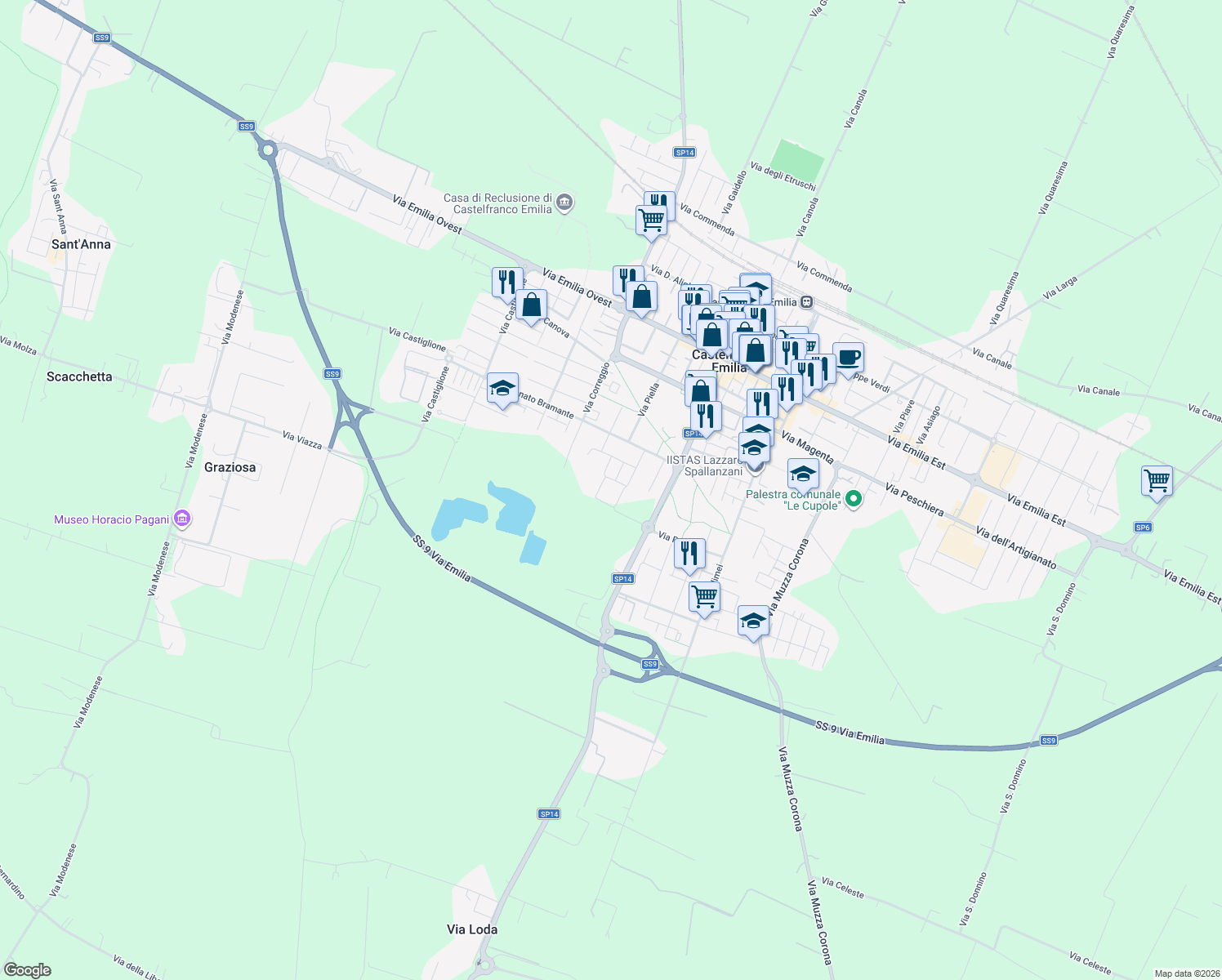 map of restaurants, bars, coffee shops, grocery stores, and more near in Provincia di Modena