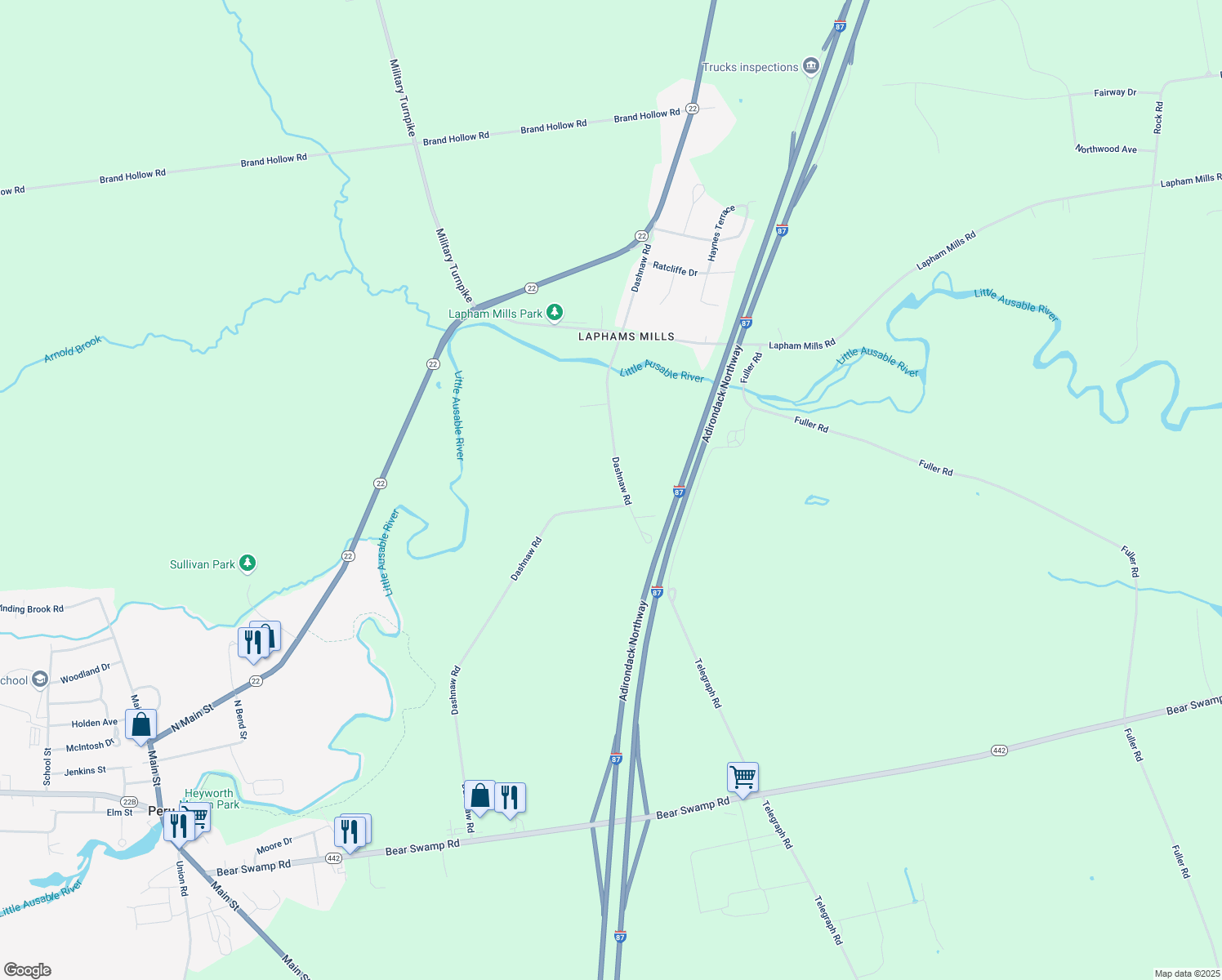 map of restaurants, bars, coffee shops, grocery stores, and more near 215 Dashnaw Road in Peru