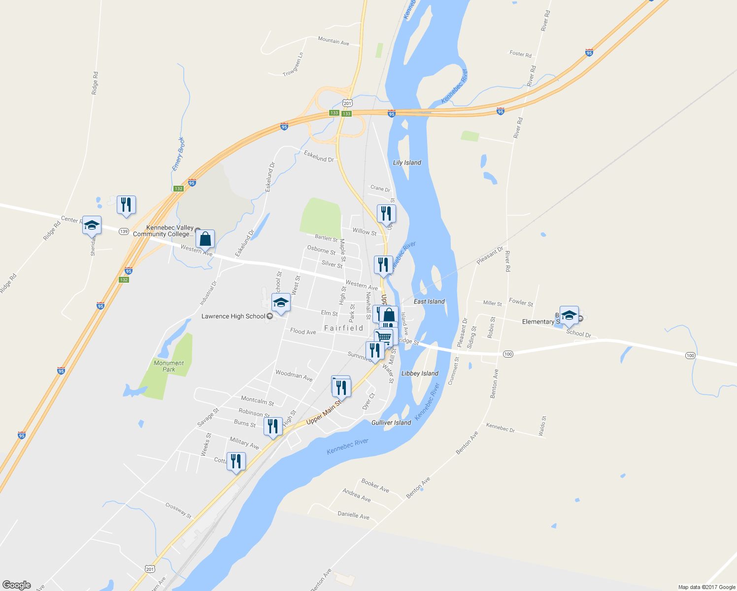 map of restaurants, bars, coffee shops, grocery stores, and more near 19 Newhall Street in Fairfield