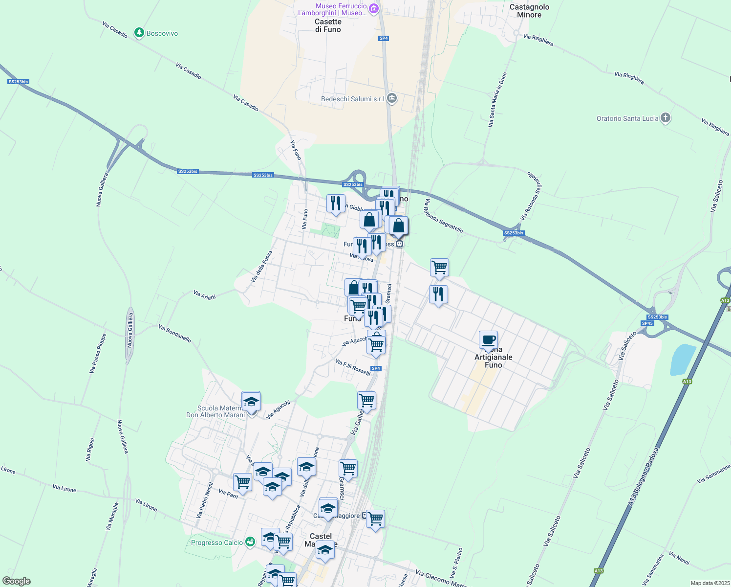 map of restaurants, bars, coffee shops, grocery stores, and more near 92 Via Antonio Vivaldi in Funo