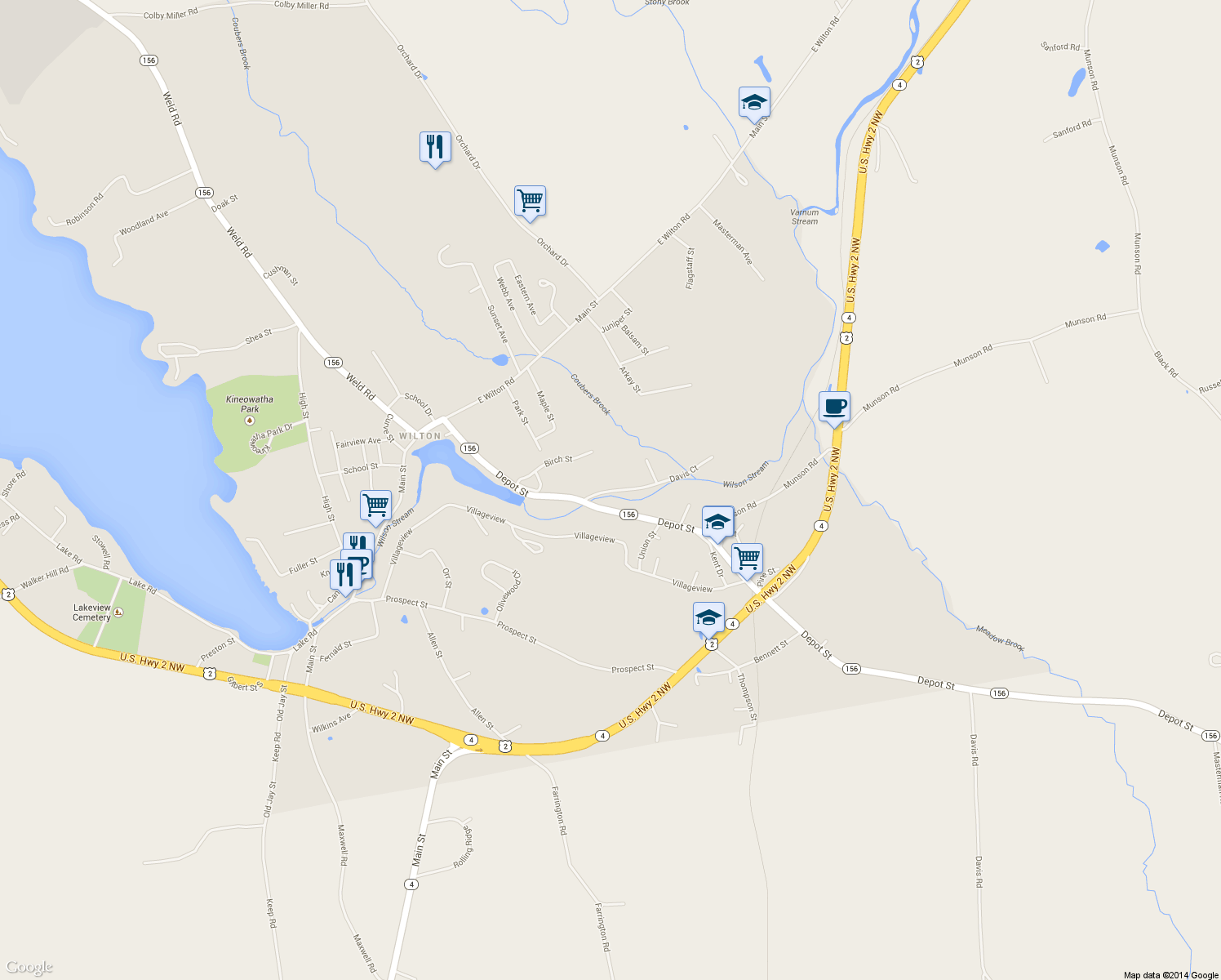 map of restaurants, bars, coffee shops, grocery stores, and more near 14 Davis Court in Wilton