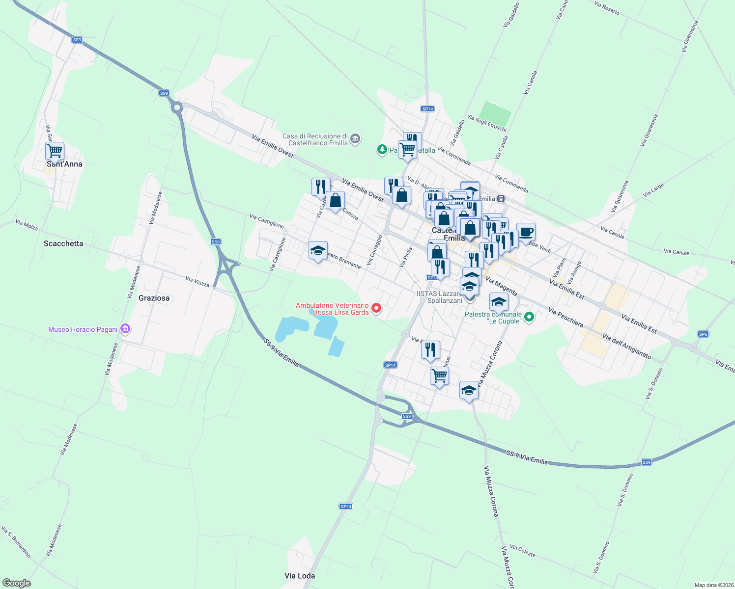 map of restaurants, bars, coffee shops, grocery stores, and more near 7 Via Europa in Castelfranco Emilia
