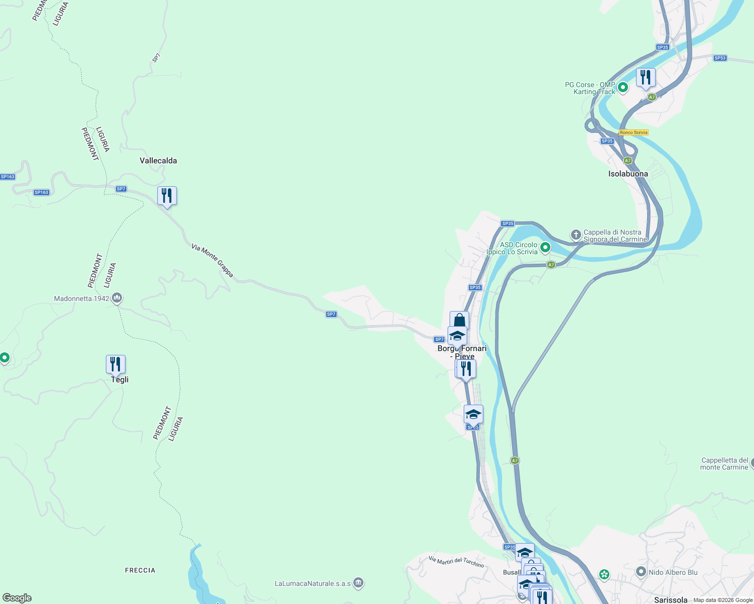 map of restaurants, bars, coffee shops, grocery stores, and more near 11 Località Panigasse in Borgo Fornari