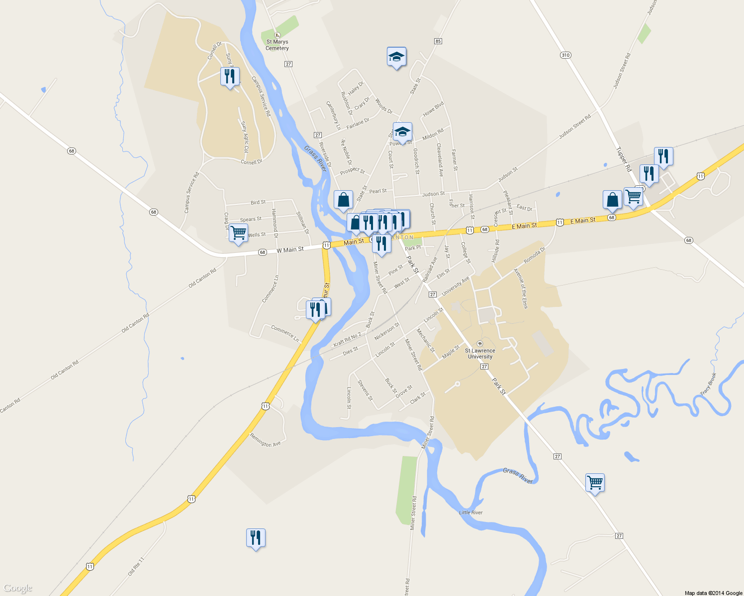 map of restaurants, bars, coffee shops, grocery stores, and more near 8 Buck St in Canton