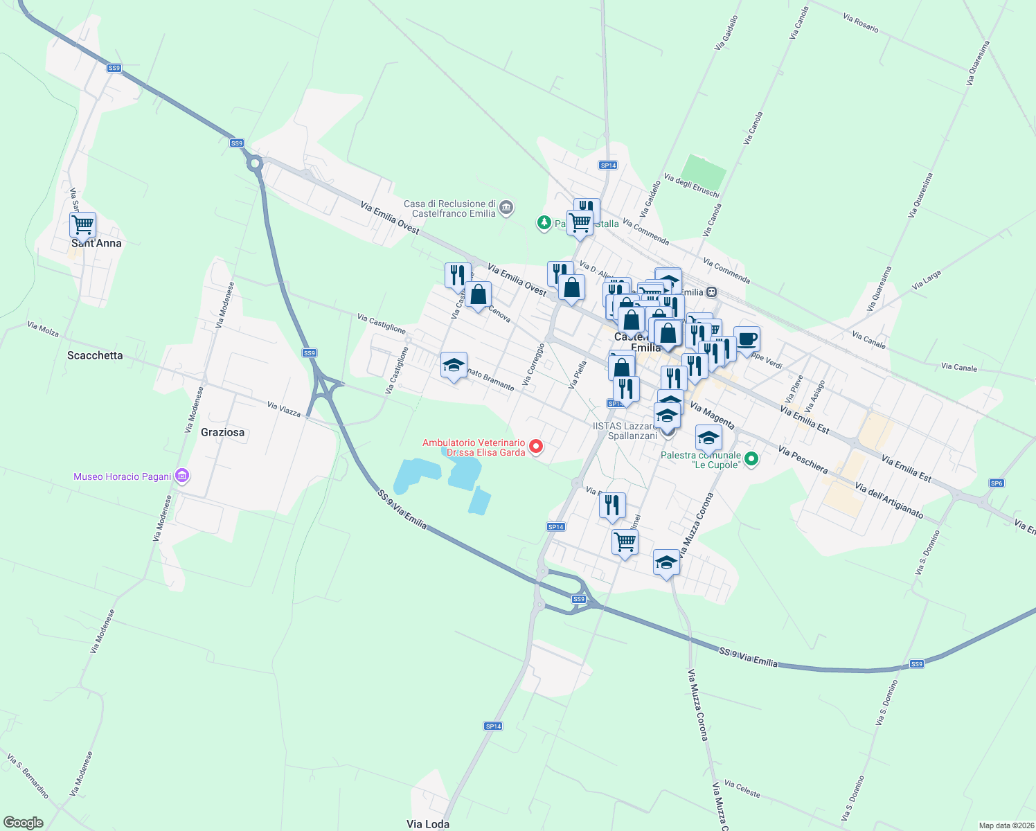 map of restaurants, bars, coffee shops, grocery stores, and more near 7 Via Europa in Castelfranco Emilia