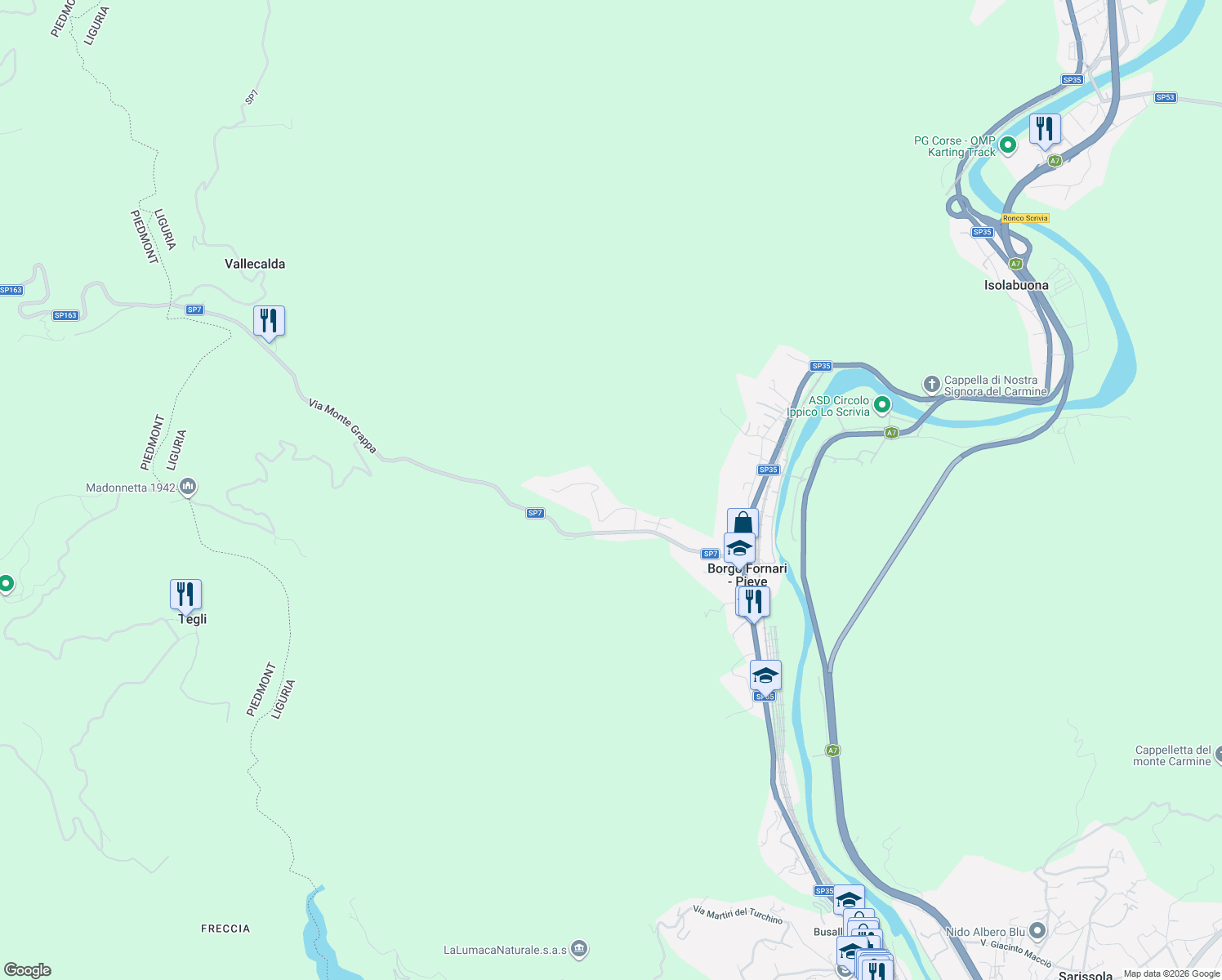 map of restaurants, bars, coffee shops, grocery stores, and more near 11 Località Panigasse in Borgo Fornari