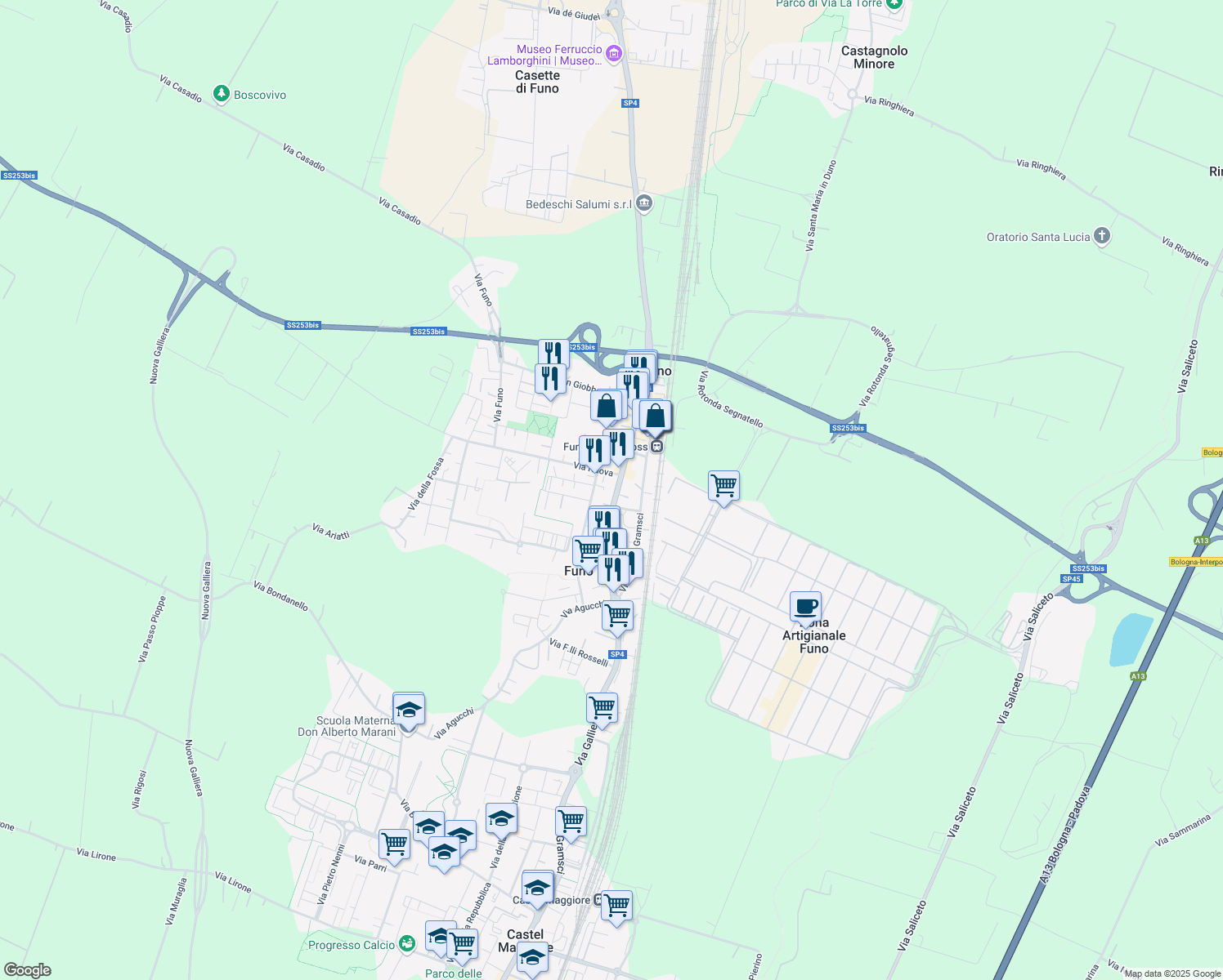 map of restaurants, bars, coffee shops, grocery stores, and more near 107 Via Galliera in Funo