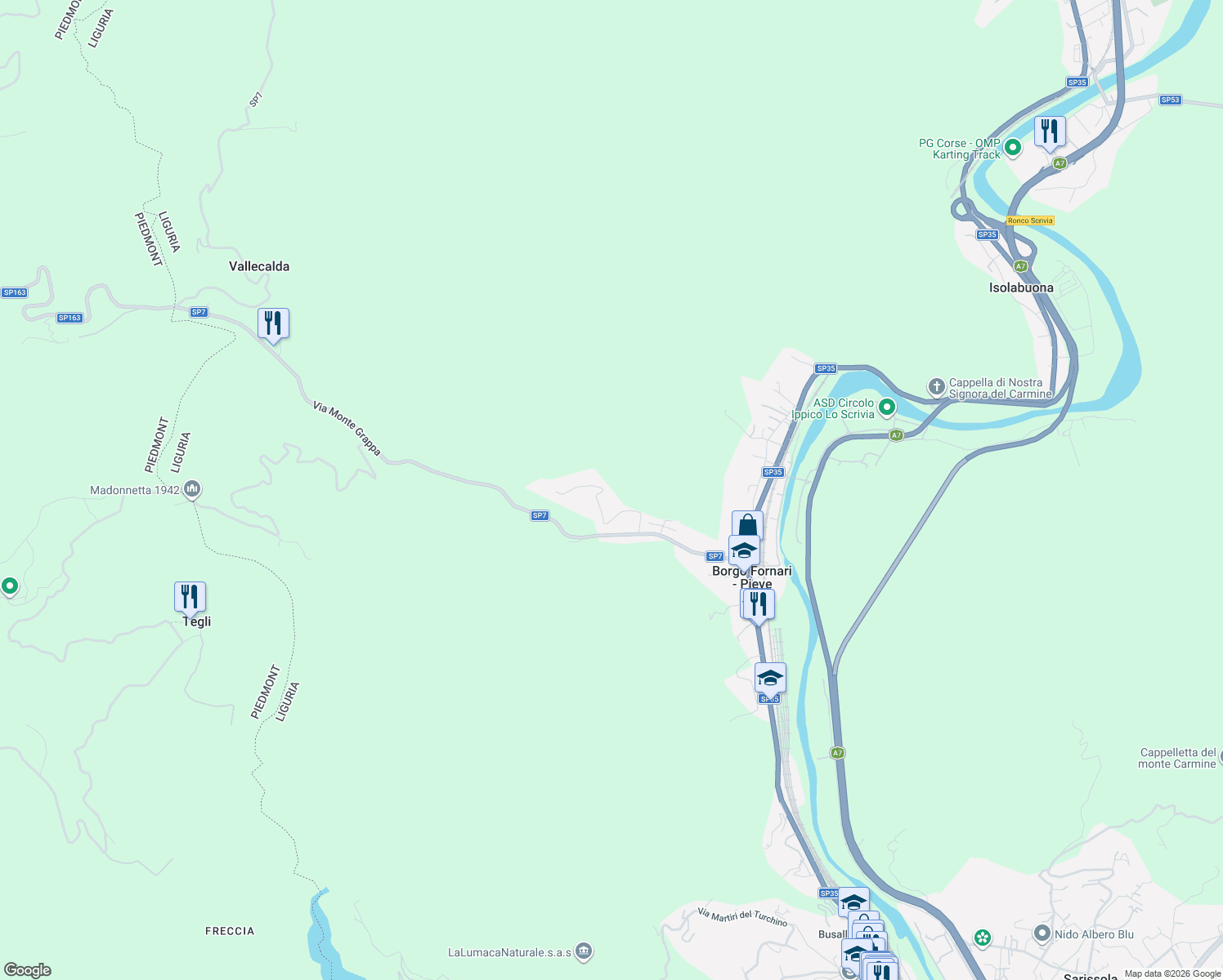 map of restaurants, bars, coffee shops, grocery stores, and more near 11 Località Panigasse in Borgo Fornari