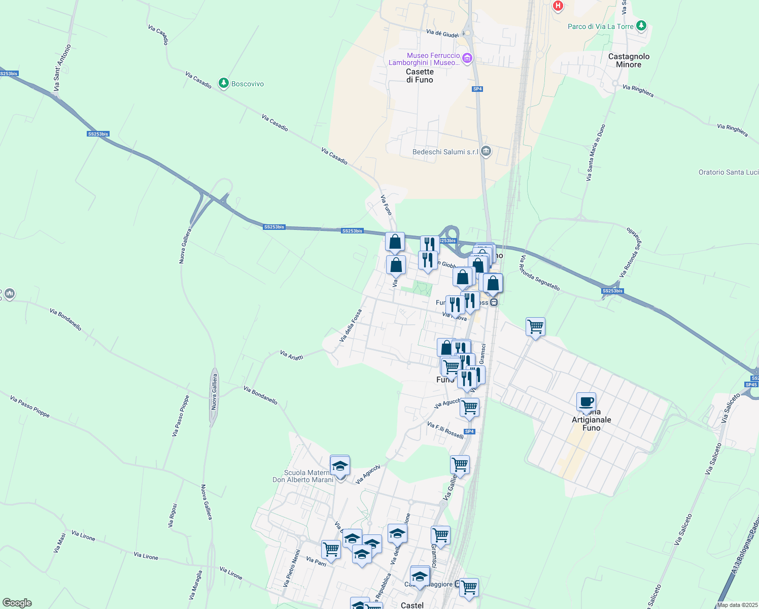 map of restaurants, bars, coffee shops, grocery stores, and more near 1 Viale Arturo Toscanini in Funo