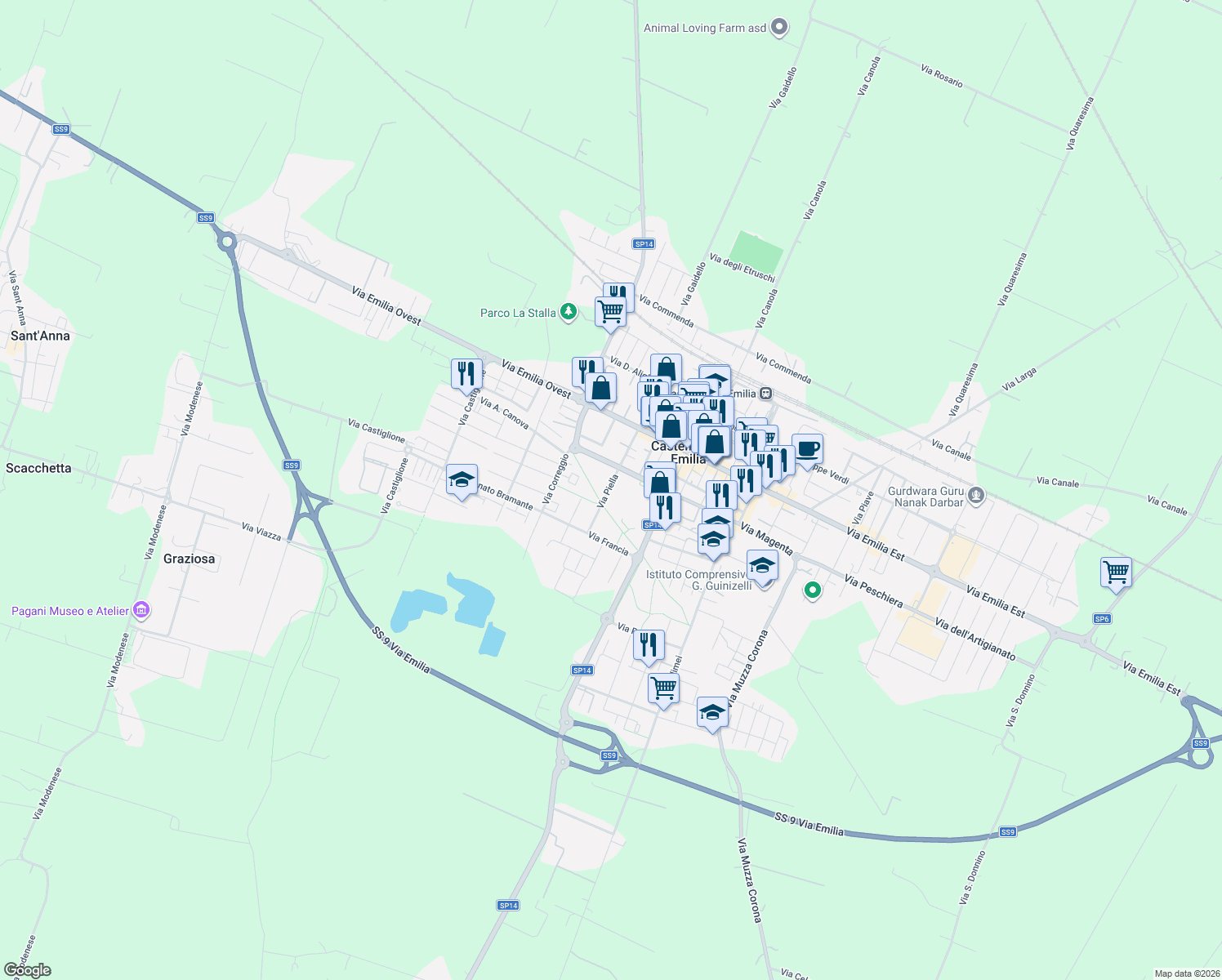 map of restaurants, bars, coffee shops, grocery stores, and more near Euro Pista in Castelfranco Emilia