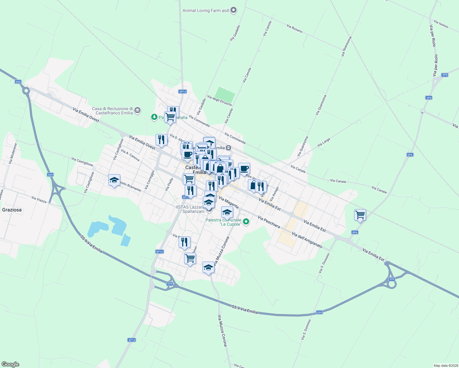map of restaurants, bars, coffee shops, grocery stores, and more near 117 Via Emilia Ovest in Castelfranco Emilia