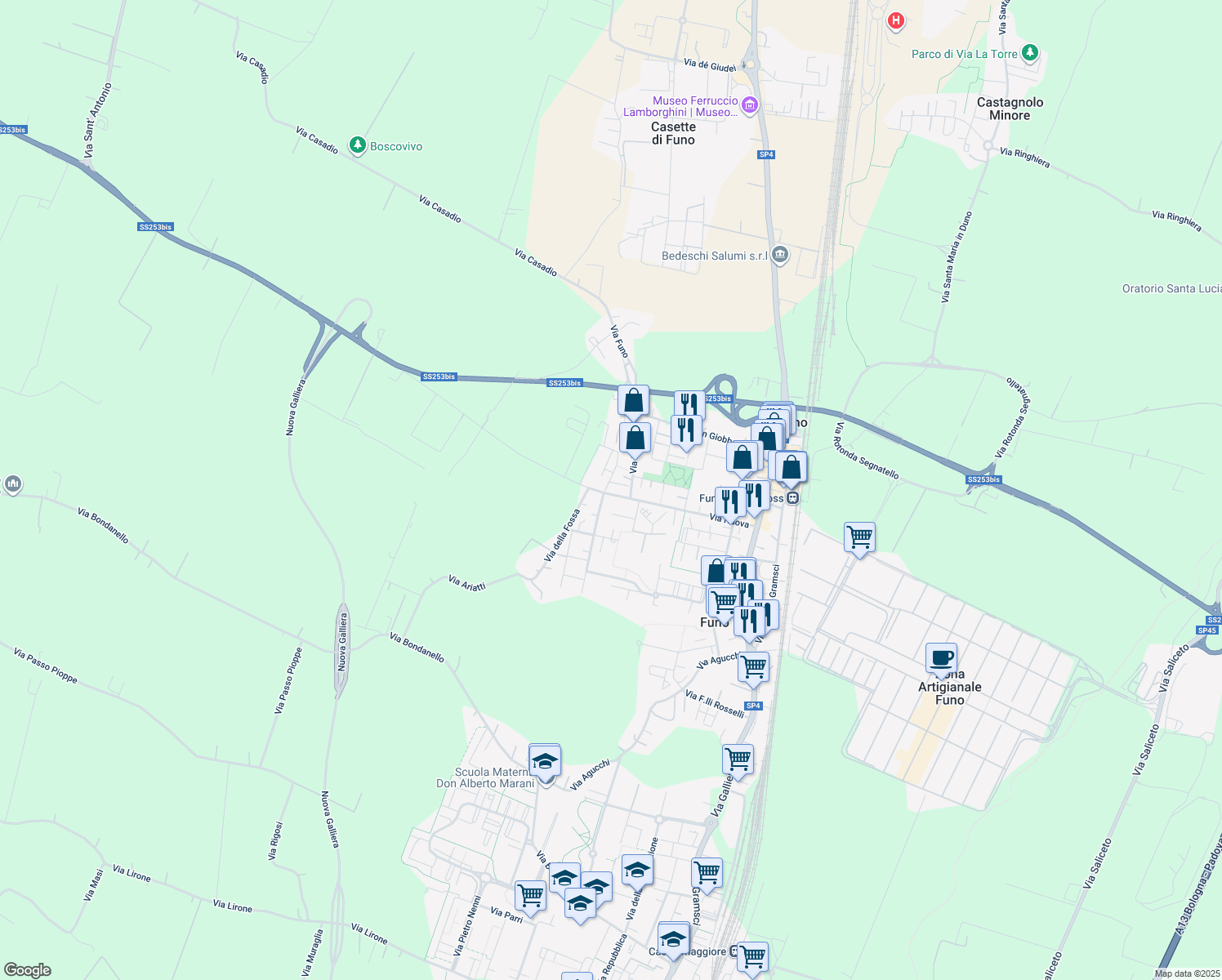 map of restaurants, bars, coffee shops, grocery stores, and more near 1 Viale Arturo Toscanini in Funo