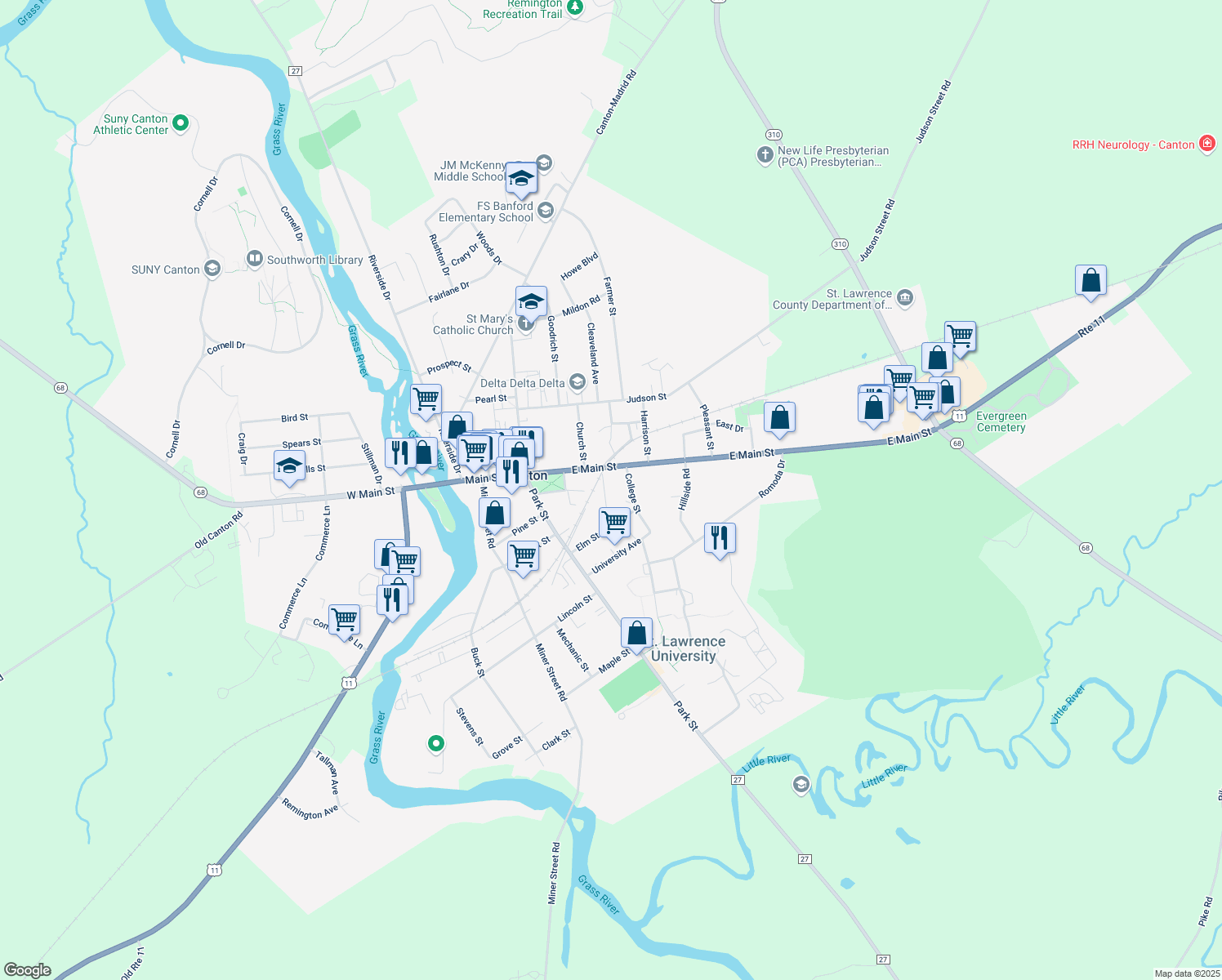 map of restaurants, bars, coffee shops, grocery stores, and more near 7 Jay St in Canton