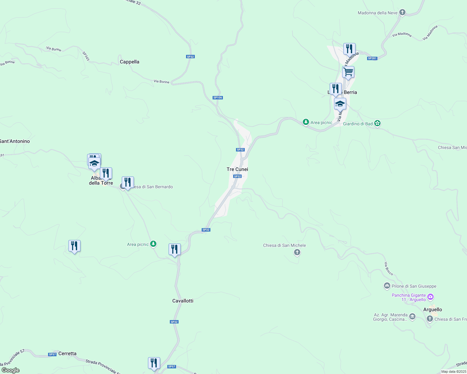map of restaurants, bars, coffee shops, grocery stores, and more near 23 Strada Provinciale 32 in Tre Cuni