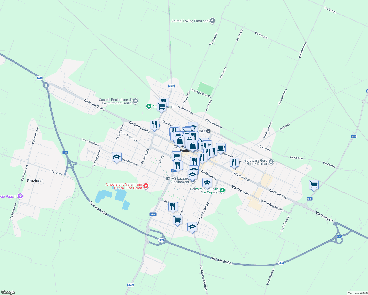 map of restaurants, bars, coffee shops, grocery stores, and more near 4 Via P. Tarozzi in Castelfranco Emilia