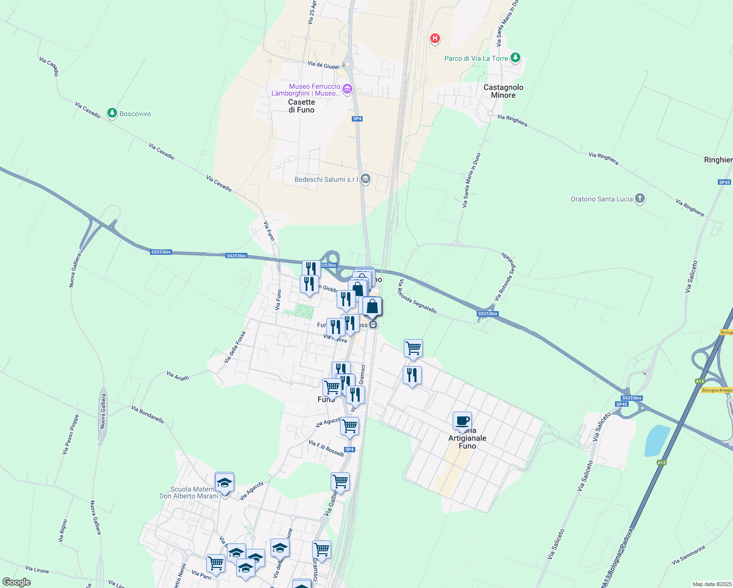 map of restaurants, bars, coffee shops, grocery stores, and more near 1 Via Galliera in Argelato