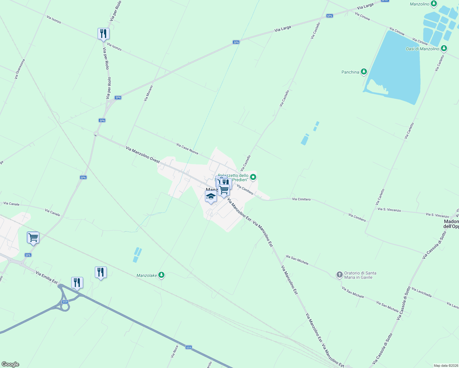 map of restaurants, bars, coffee shops, grocery stores, and more near 153 Via G. d'Annunzio in Manzolino