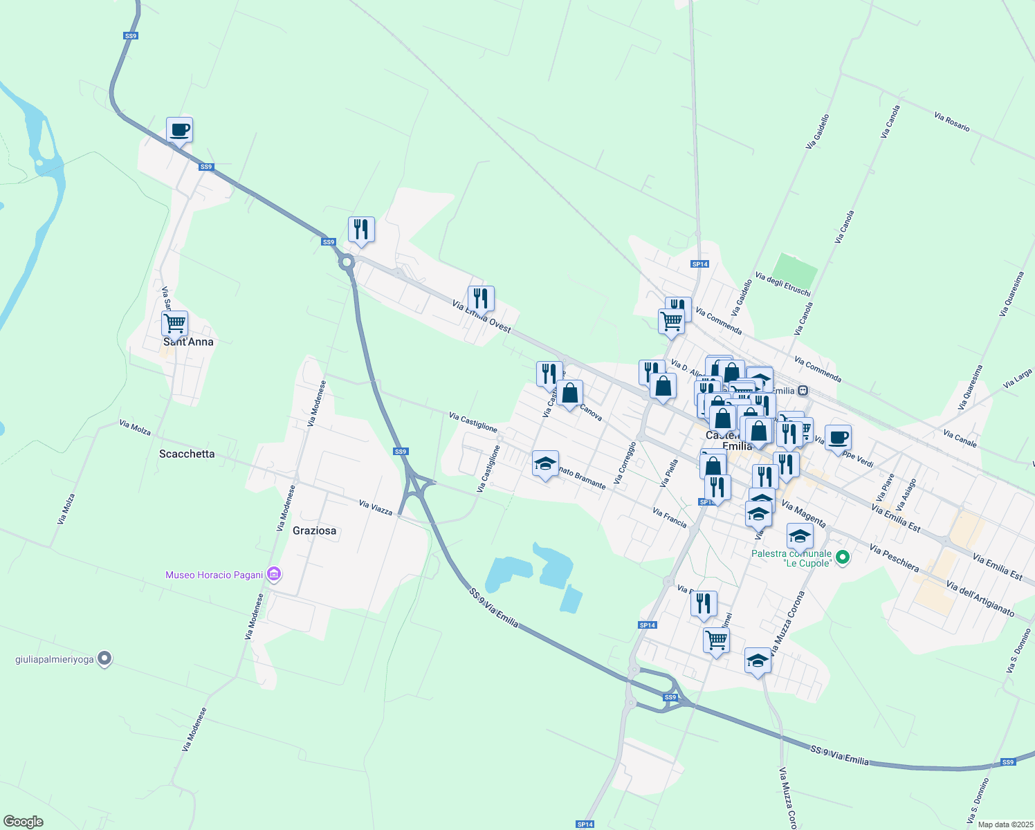 map of restaurants, bars, coffee shops, grocery stores, and more near 30 Via Giorgione in Castelfranco Emilia