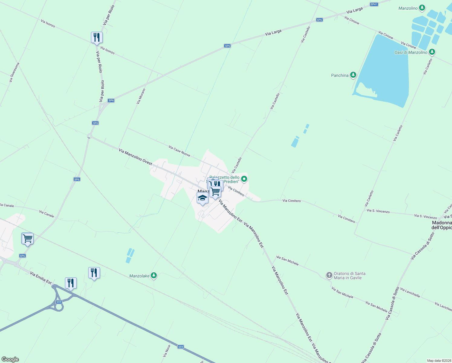 map of restaurants, bars, coffee shops, grocery stores, and more near 153 Via G. d'Annunzio in Manzolino