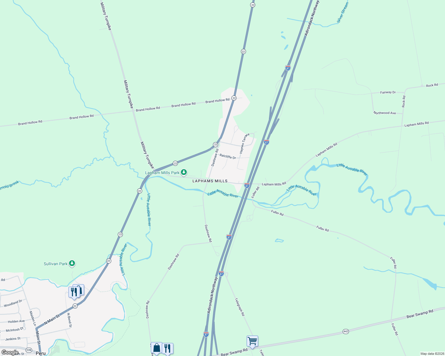 map of restaurants, bars, coffee shops, grocery stores, and more near 648 Lapham Mills Rd in Peru