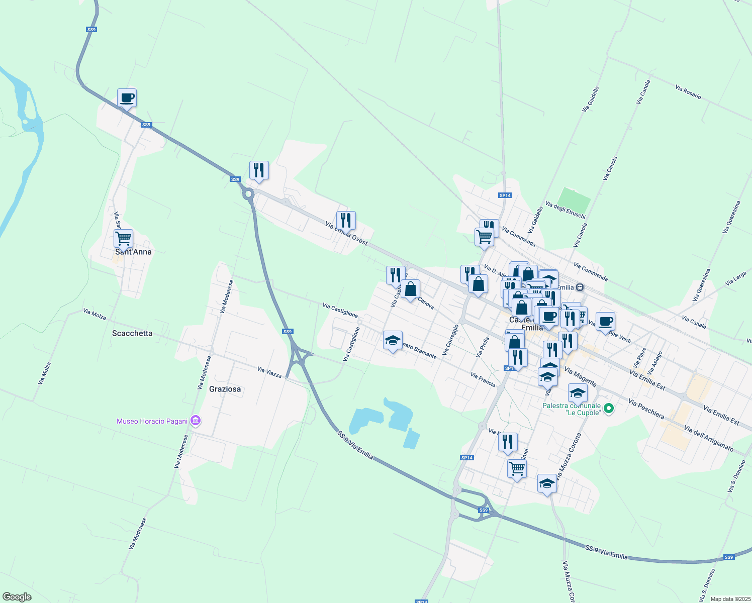 map of restaurants, bars, coffee shops, grocery stores, and more near 30 Via Giorgione in Castelfranco Emilia