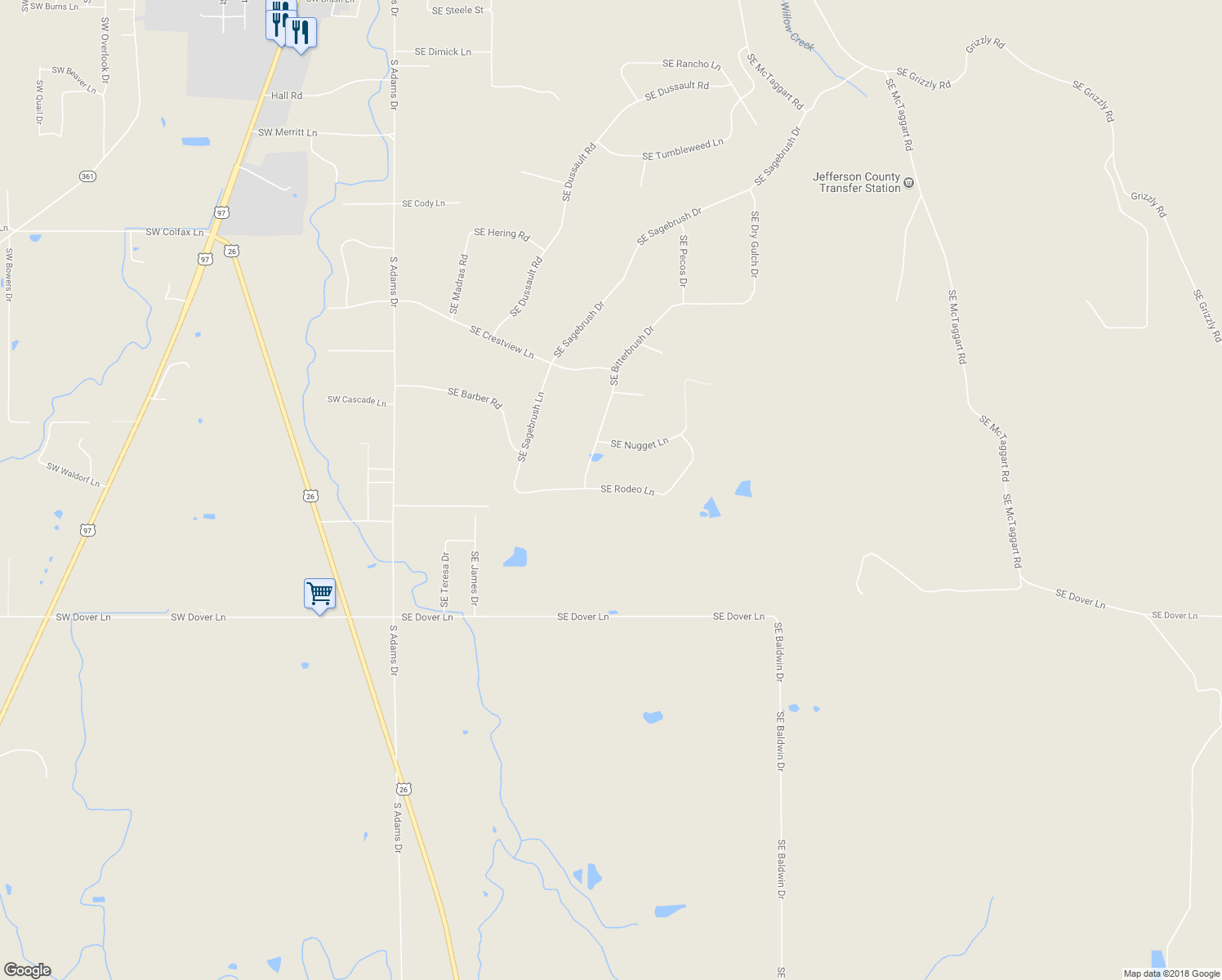 map of restaurants, bars, coffee shops, grocery stores, and more near 554 Southeast Rodeo Lane in Madras
