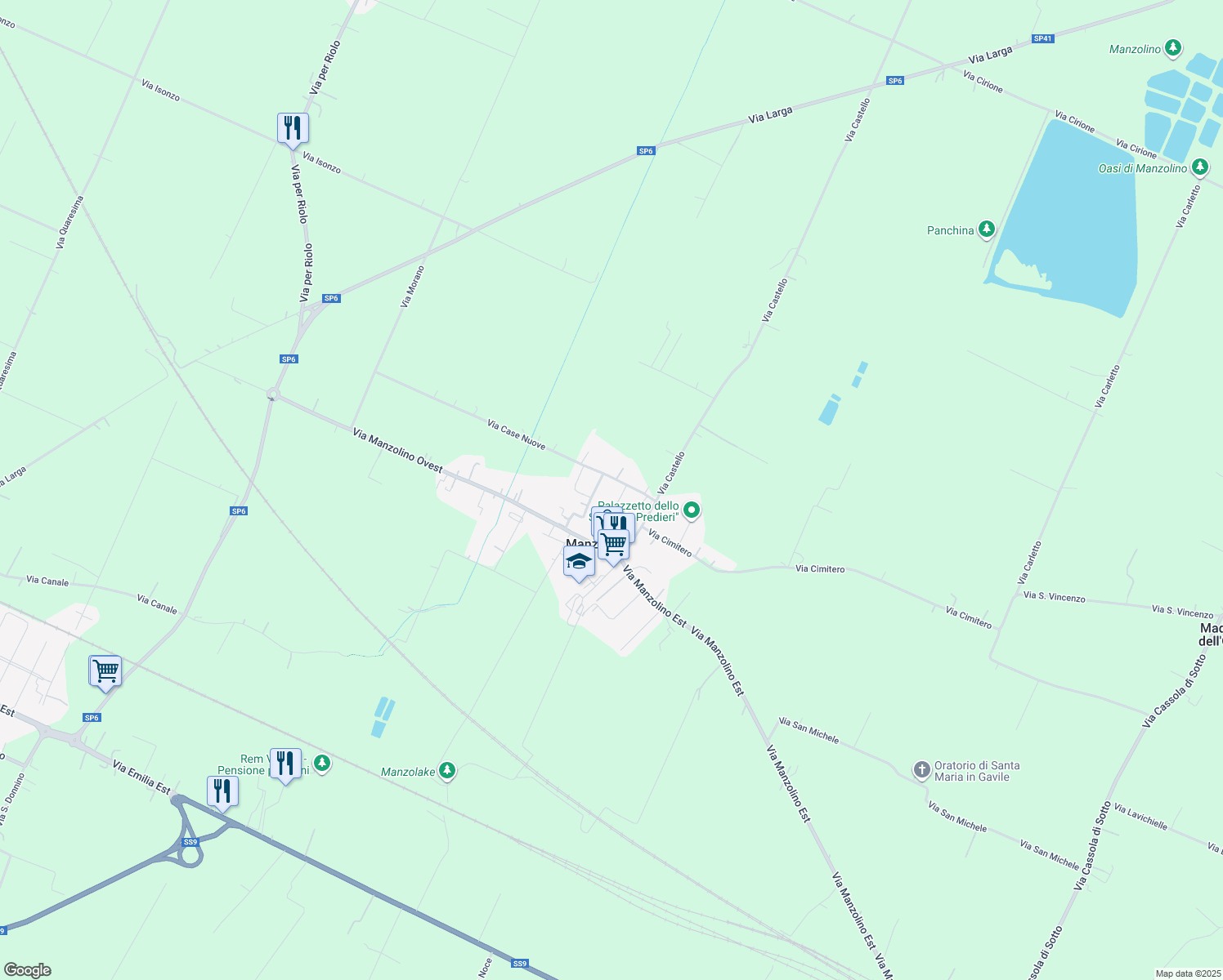 map of restaurants, bars, coffee shops, grocery stores, and more near 12 Via Case Nuove in Manzolino