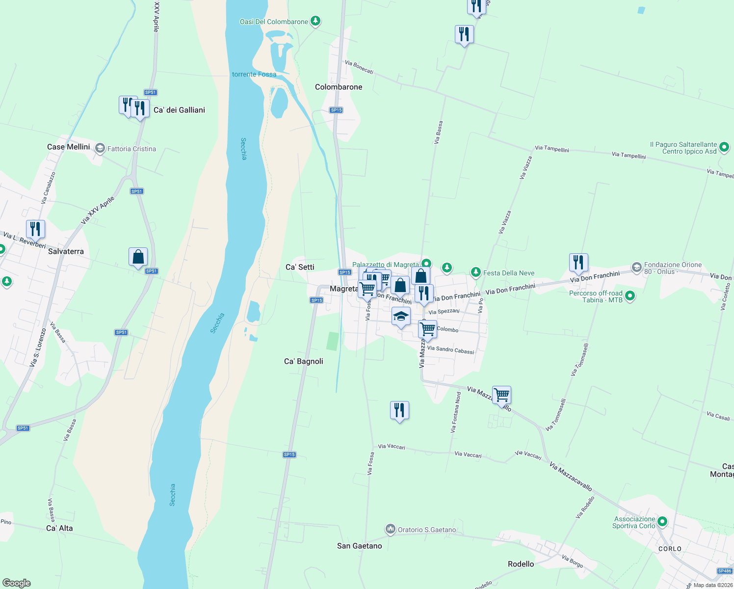 map of restaurants, bars, coffee shops, grocery stores, and more near 42 Via Don Franchini in Magreta