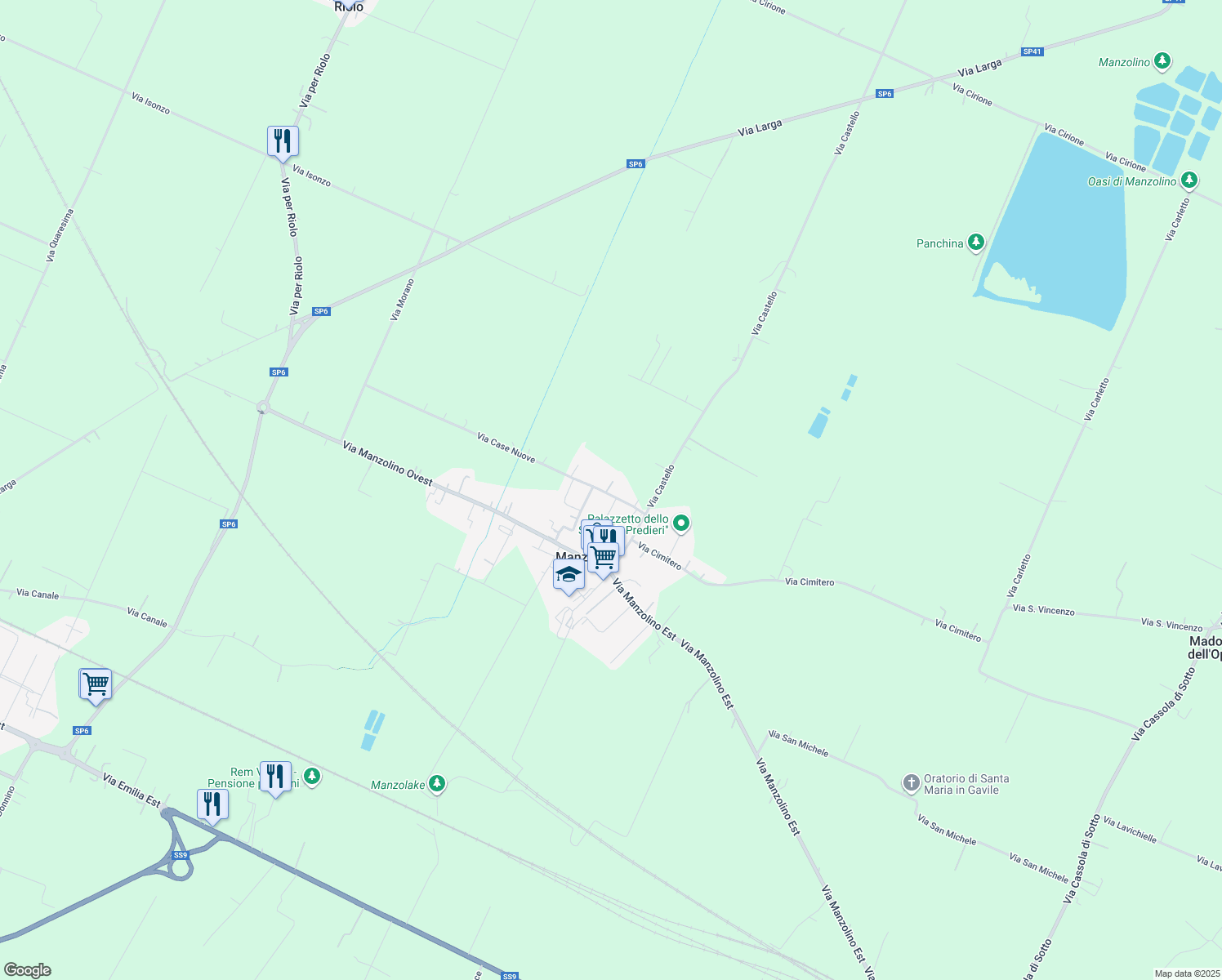 map of restaurants, bars, coffee shops, grocery stores, and more near 12 Via Case Nuove in Manzolino