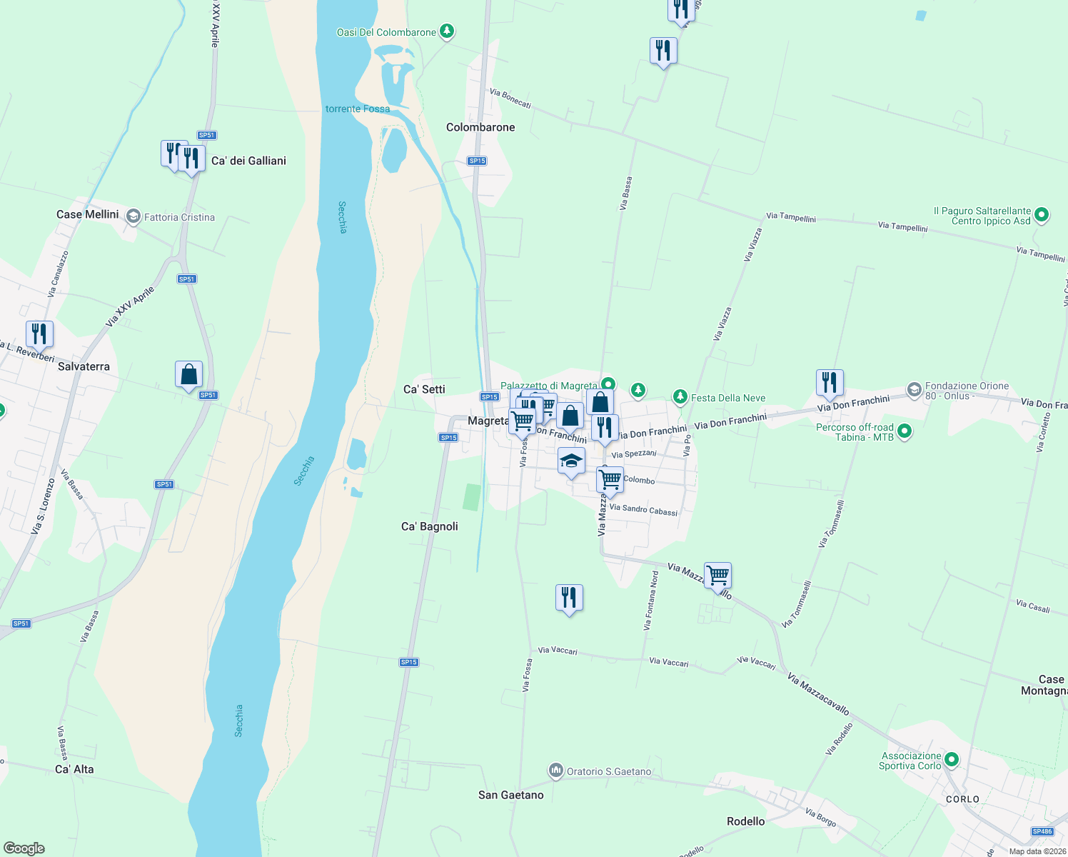 map of restaurants, bars, coffee shops, grocery stores, and more near 42 Via Don Franchini in Magreta