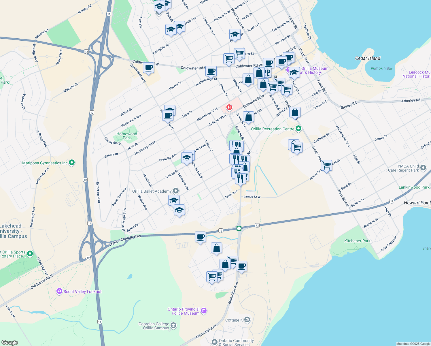 map of restaurants, bars, coffee shops, grocery stores, and more near 264 Barrie Road in Orillia