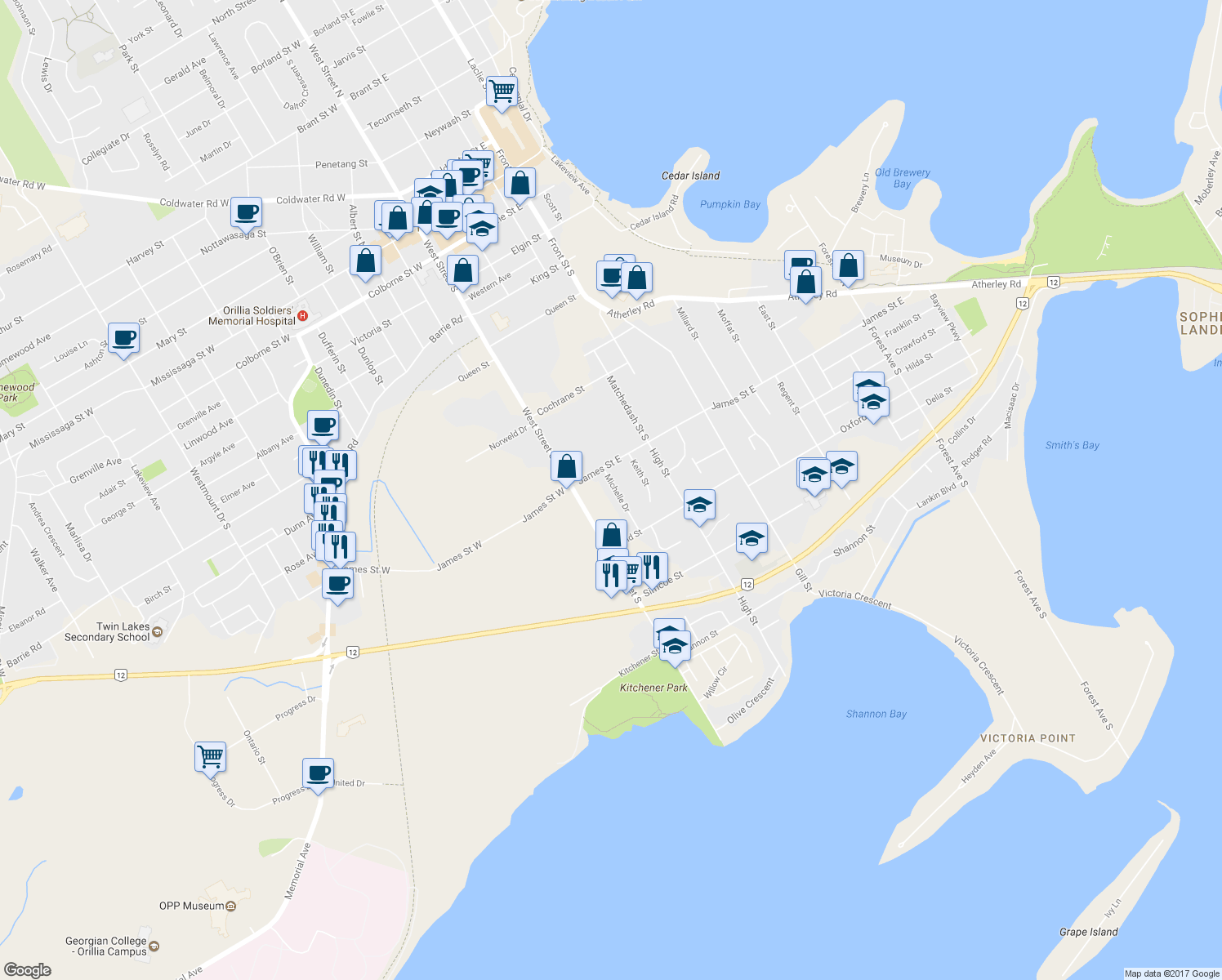 map of restaurants, bars, coffee shops, grocery stores, and more near 19 Michelle Drive in Orillia