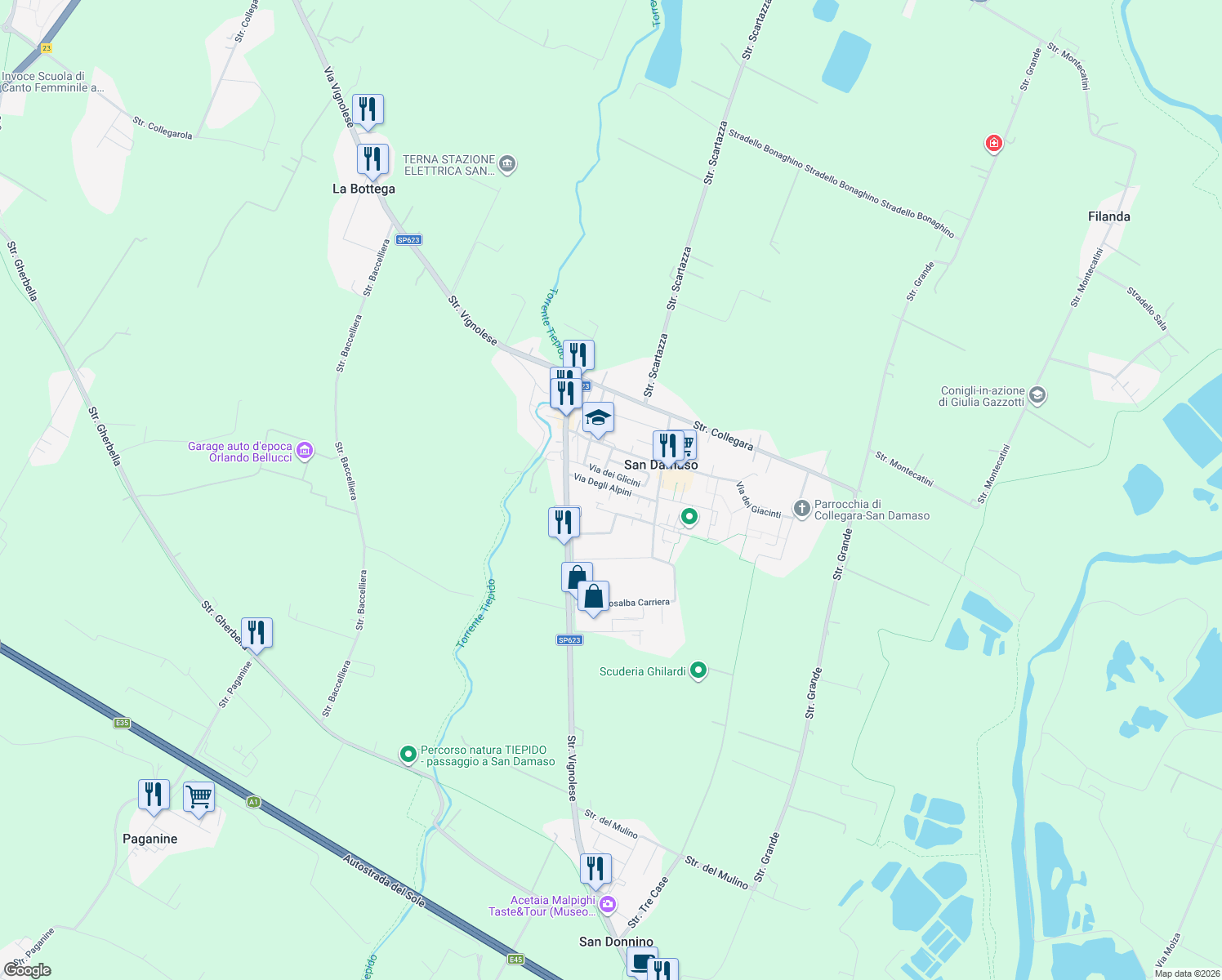 map of restaurants, bars, coffee shops, grocery stores, and more near 30 Via Degli Alpini in San Damaso