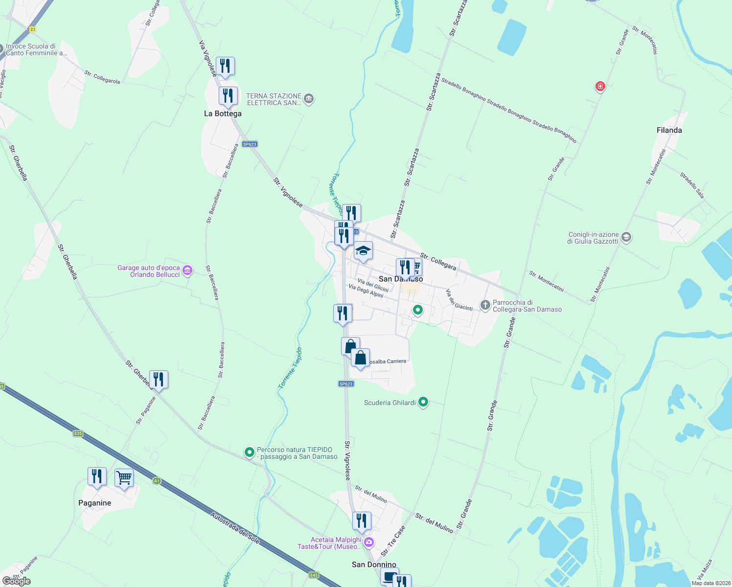 map of restaurants, bars, coffee shops, grocery stores, and more near 30 Via Degli Alpini in San Damaso