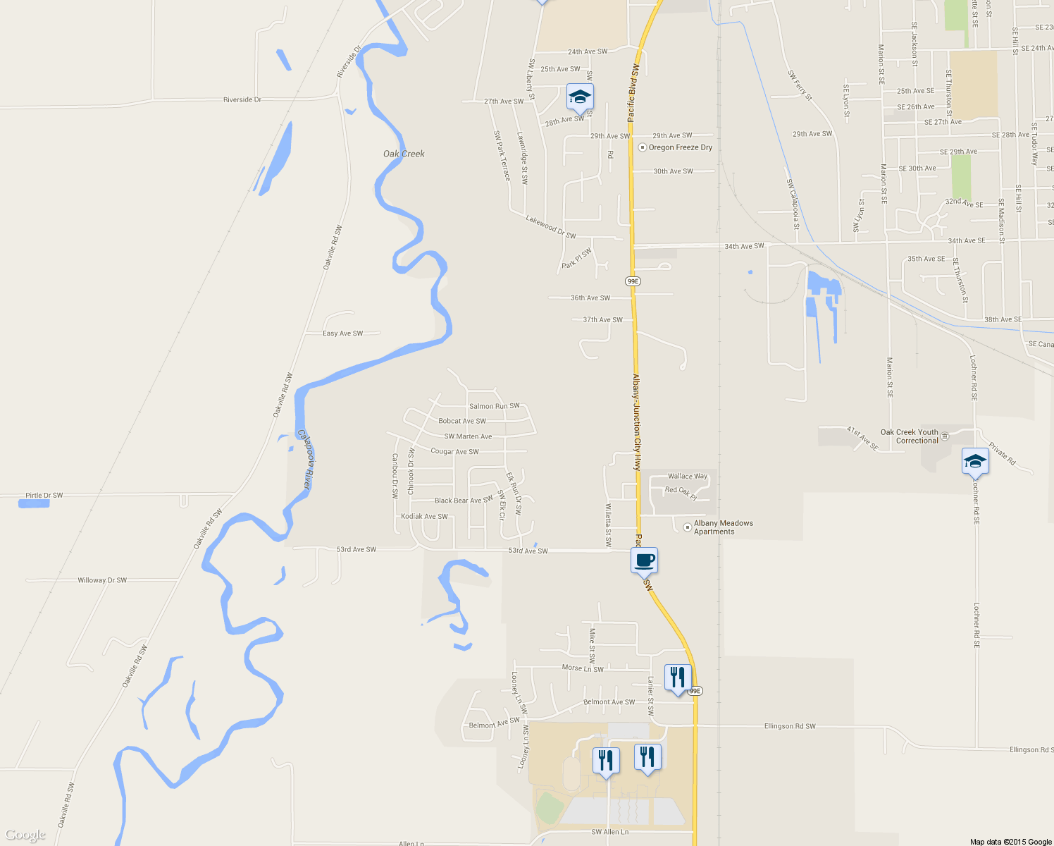 map of restaurants, bars, coffee shops, grocery stores, and more near 1564 Bobcat Avenue Southwest in Albany