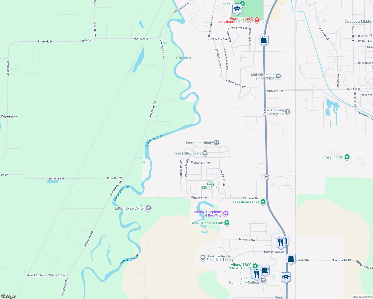 map of restaurants, bars, coffee shops, grocery stores, and more near 2170 Bobcat Avenue Southwest in Albany