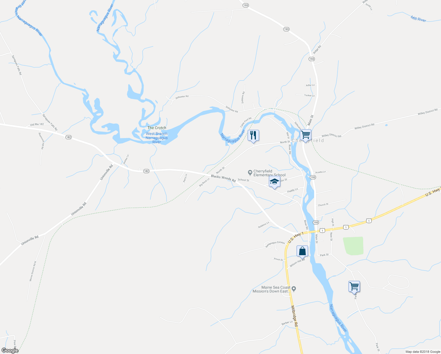 map of restaurants, bars, coffee shops, grocery stores, and more near 59 Blacks Woods Road in Cherryfield