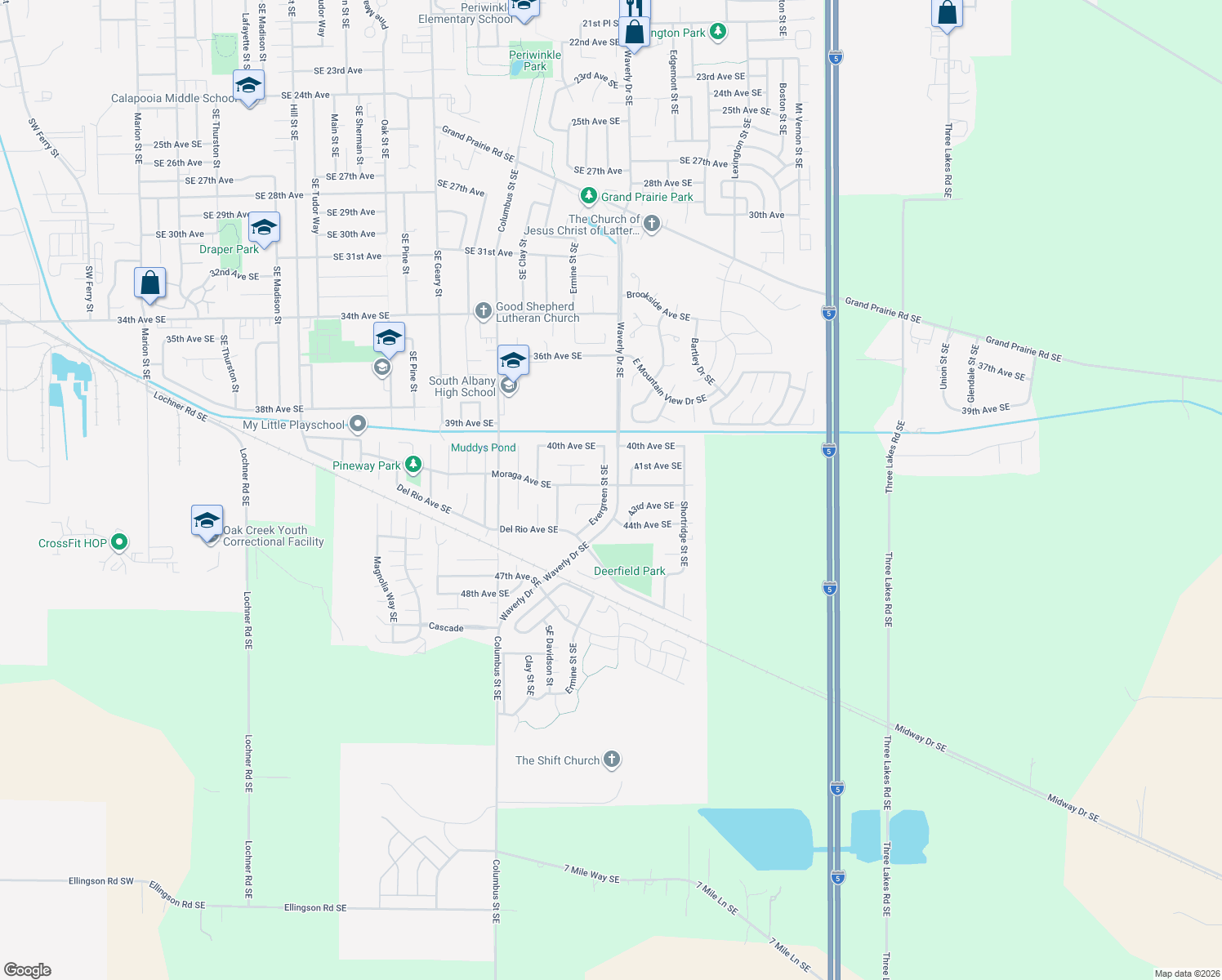 map of restaurants, bars, coffee shops, grocery stores, and more near 4213 Evergreen Street Southeast in Albany