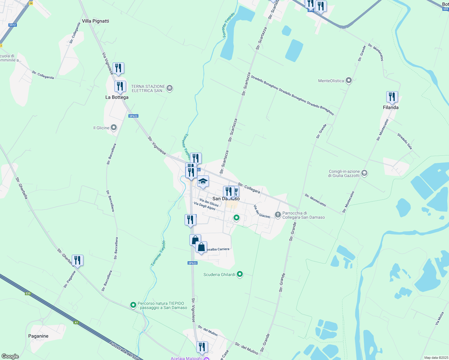map of restaurants, bars, coffee shops, grocery stores, and more near 64 Strada Collegara in San Damaso