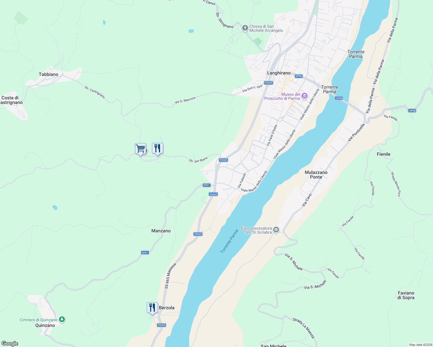 map of restaurants, bars, coffee shops, grocery stores, and more near Strada Provinciale 6 in Langhirano