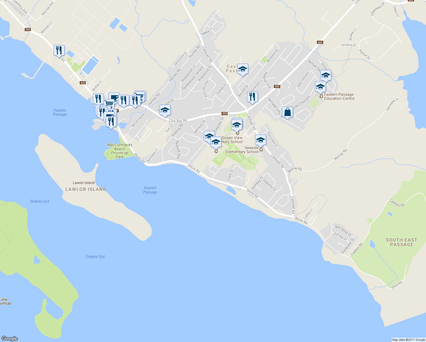 map of restaurants, bars, coffee shops, grocery stores, and more near 7 Ainslie Crescent in Eastern Passage