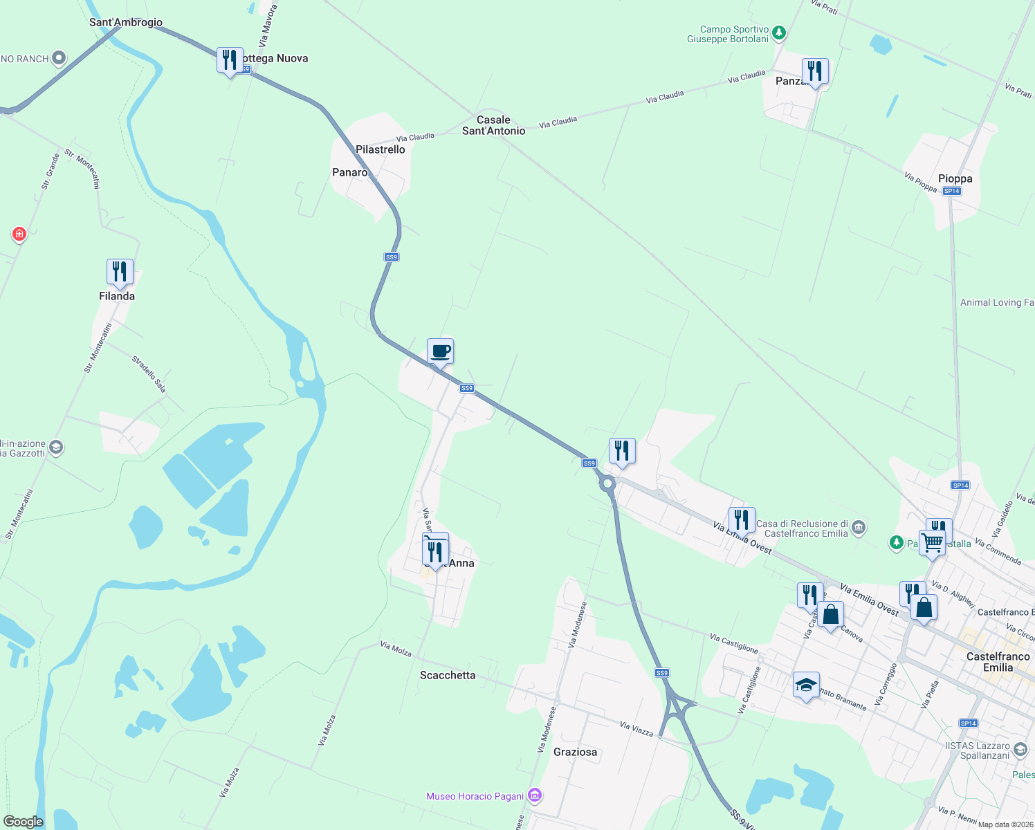 map of restaurants, bars, coffee shops, grocery stores, and more near 117 Via Emilia Ovest in Castelfranco Emilia
