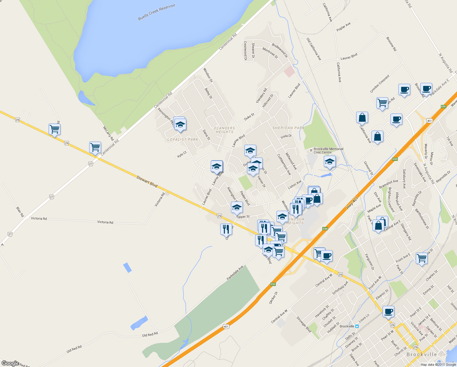 map of restaurants, bars, coffee shops, grocery stores, and more near 1301 Alwington Street in Brockville