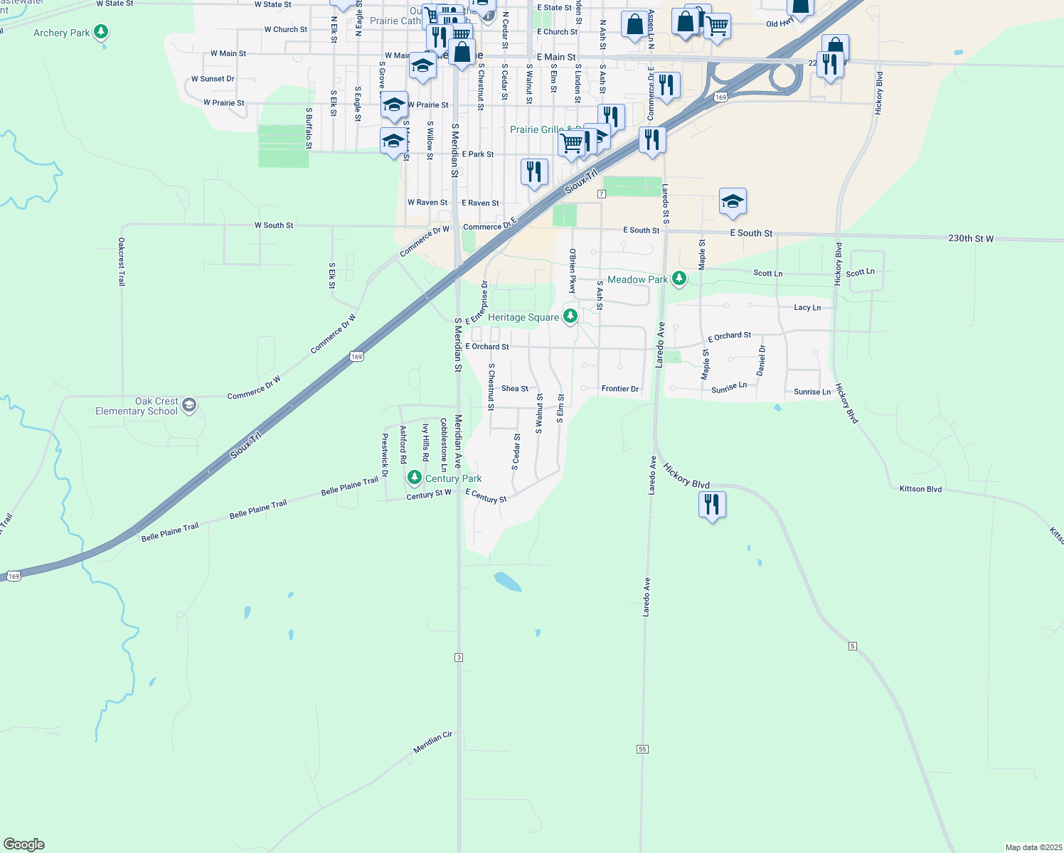 map of restaurants, bars, coffee shops, grocery stores, and more near 912 S Walnut St in Belle Plaine