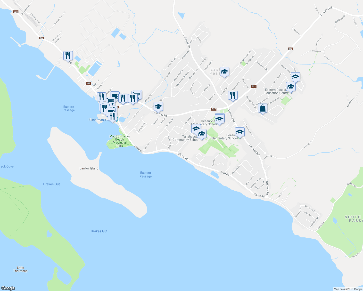 map of restaurants, bars, coffee shops, grocery stores, and more near 135 Oceanlea Drive in Eastern Passage