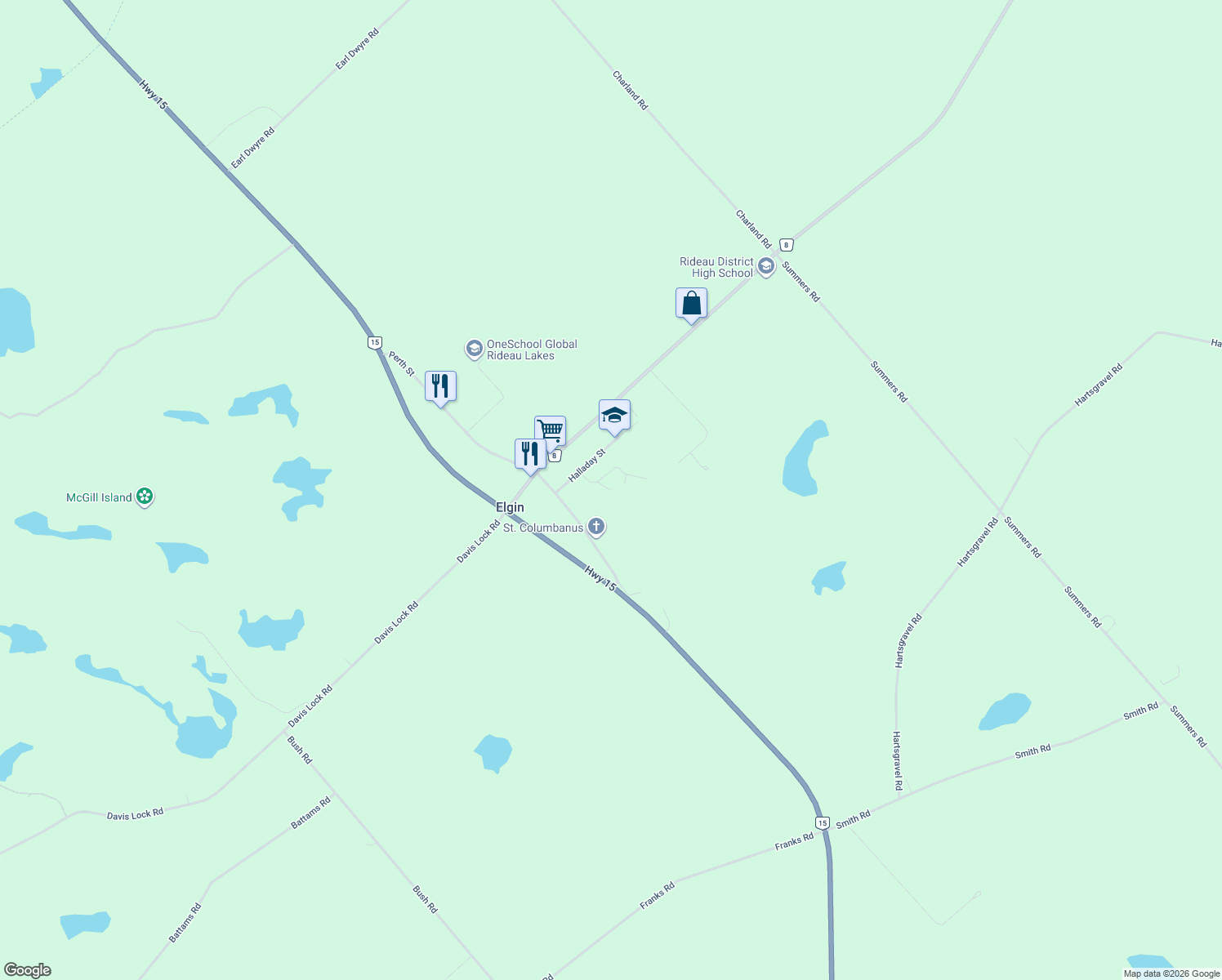 map of restaurants, bars, coffee shops, grocery stores, and more near 9 Patterson Boulevard in Elgin