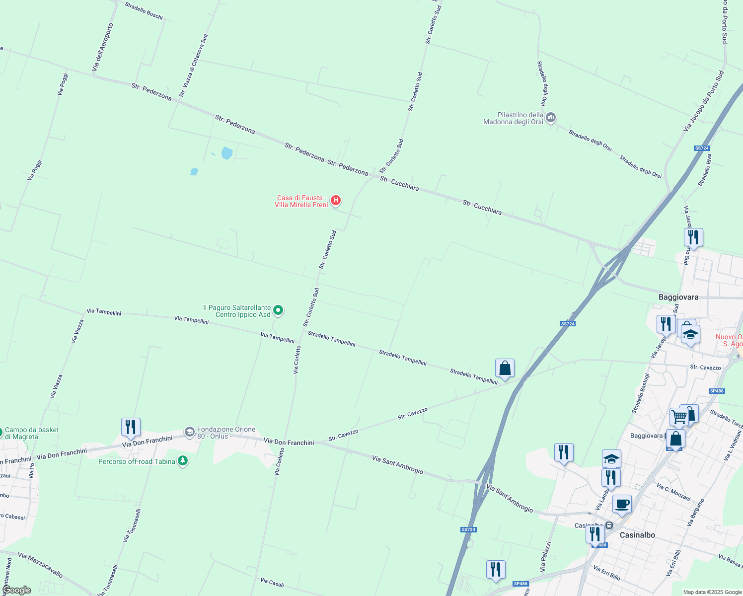 map of restaurants, bars, coffee shops, grocery stores, and more near 417 Strada Corletto Sud in Modena