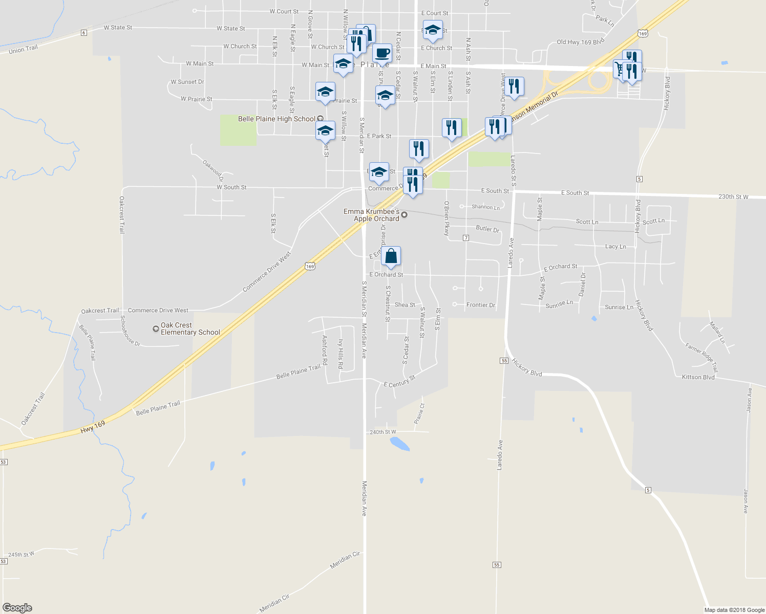 map of restaurants, bars, coffee shops, grocery stores, and more near 848 South Chestnut Street in Belle Plaine
