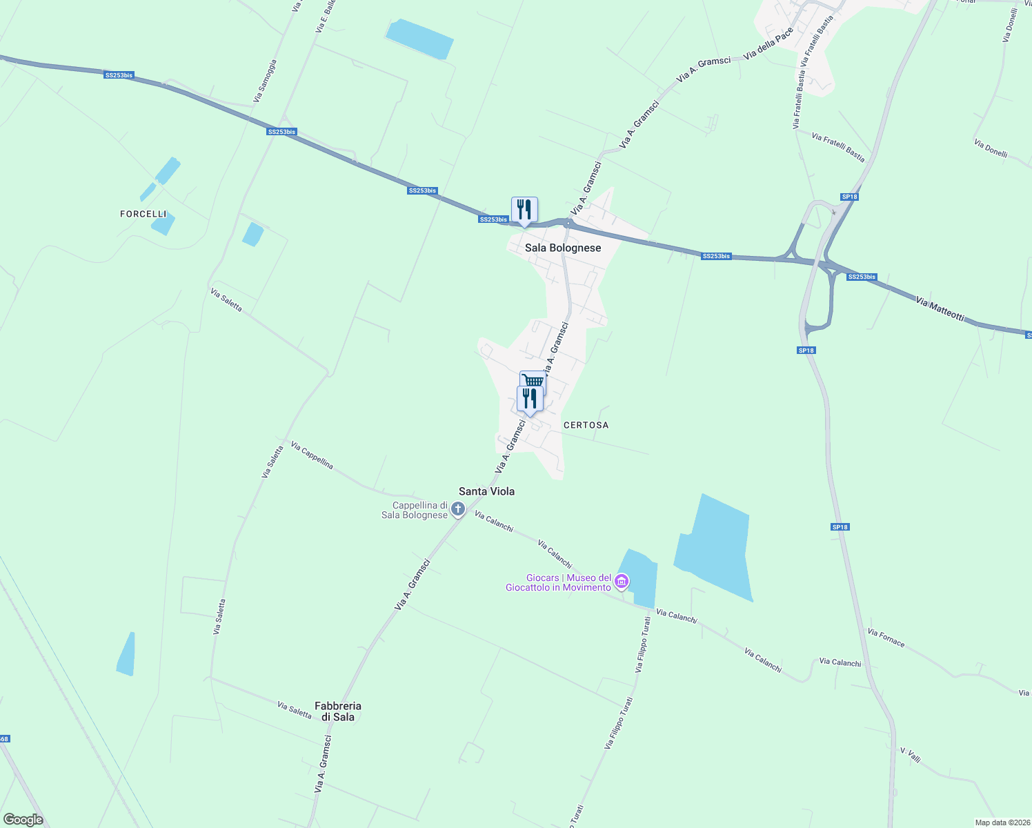 map of restaurants, bars, coffee shops, grocery stores, and more near 181 Via A. Gramsci in Sala Bolognese